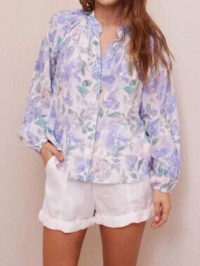 BELLA DAHL Floral Raglan Sleeve 100% Linen Button Down Blouse Peri Jardin Print